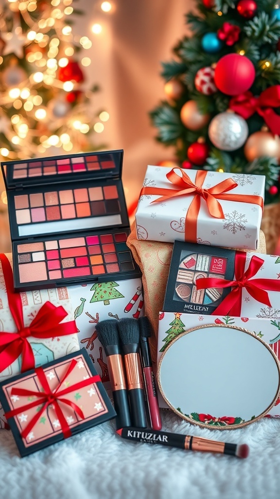 A festive display of Christmas makeup gifts including eyeshadow palettes, lip kits, and brushes wrapped in holiday paper.